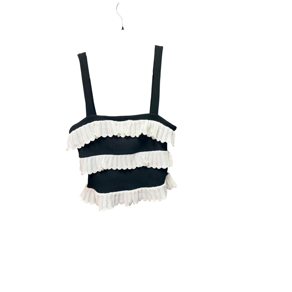 Zara Knit Ruffle Tank Top Black White Crochet Scalloped Crop Medium